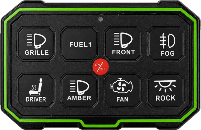 8-gang wireless remote switch panels in orange and green, with labelled backlit buttons