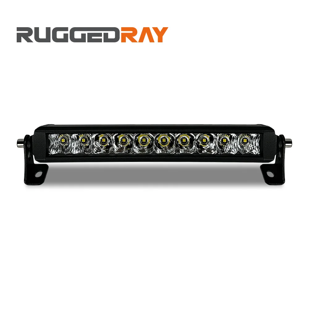RuggedRay TC-B115 single-row LED light bar, ten emitters behind individual reflectors in a black housing with end mounting brackets