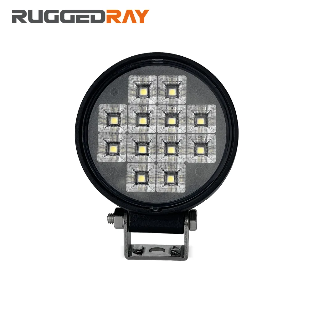 RuggedRay TC-R12 auxiliary light, twelve LED emitters spread flat across a round black housing on an adjustable bracket