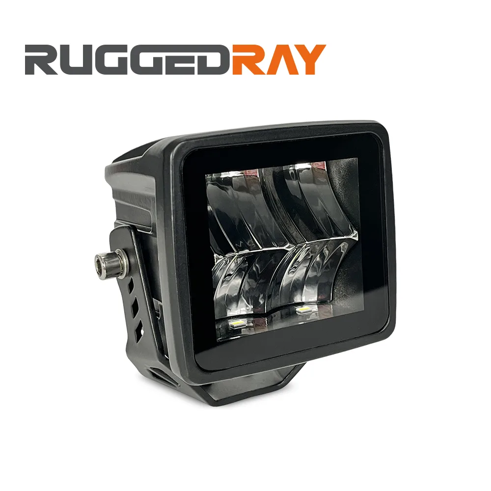 RuggedRay TC-SS40 auxiliary light, deep curved reflectors behind a square lens in a 3-inch black cube housing