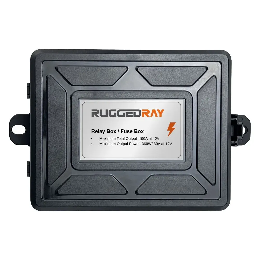Relay and fuse box for a RuggedRay switch panel system, with the brand and its output ratings printed on the spec label — the OEM branding surface buyers most often overlook