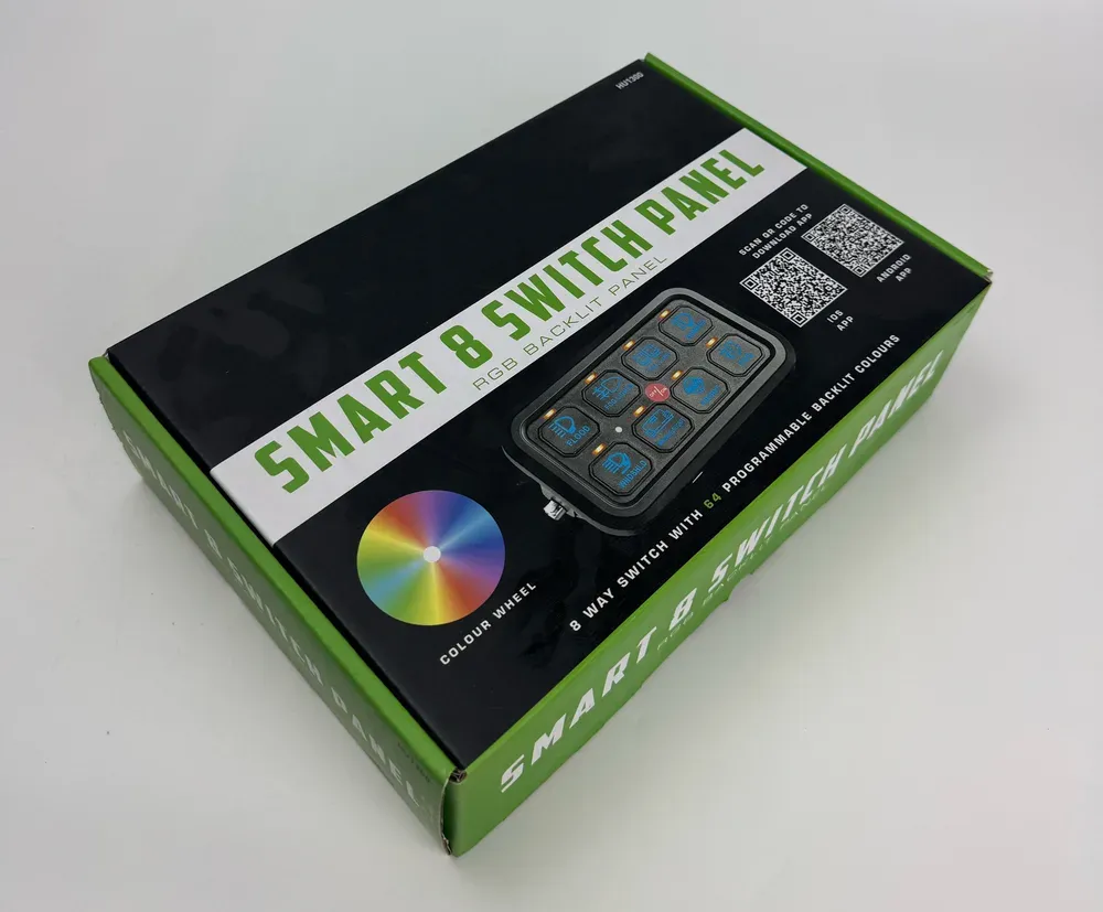 Retail colour box for an 8-gang RGB backlit switch panel, printed to an OEM customer's own packaging artwork