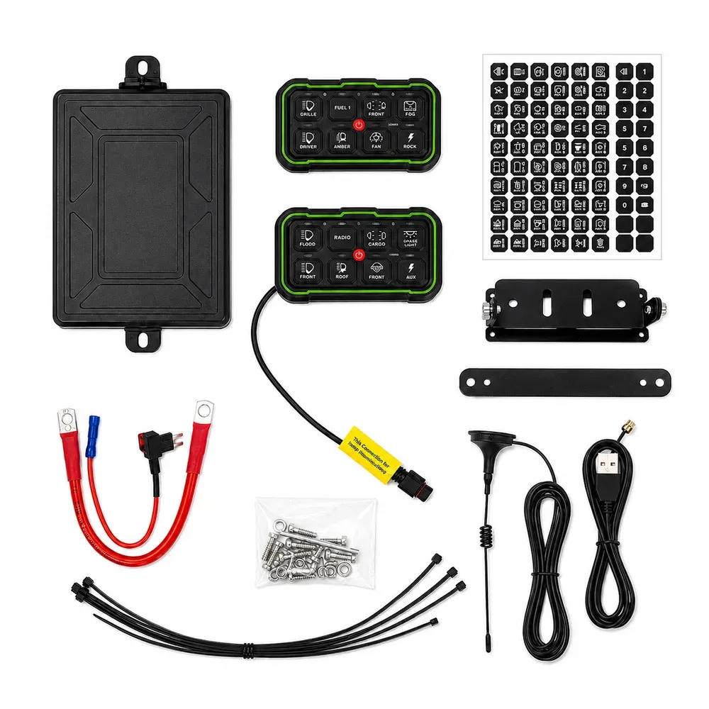 Wireless switch panel kit laid out on white: sealed black control box, 433 MHz antenna, USB charging lead, two eight-button panels, mounting brackets and the 70-icon sticker sheet