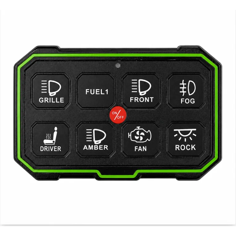TC-SW8W wireless switch panel with green light pipe, eight labelled backlit buttons and a central ON/OFF key