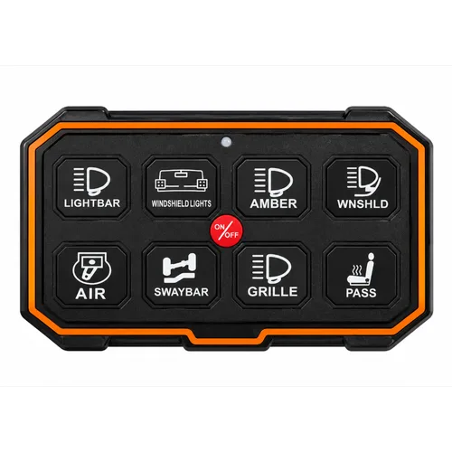 TC-SW8W wireless switch panel with orange light pipe, eight labelled backlit buttons and a central ON/OFF key