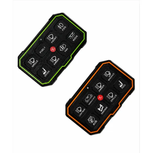 Two TC-SW8W wireless switch panels at an angle, showing the case depth and labelled backlit buttons