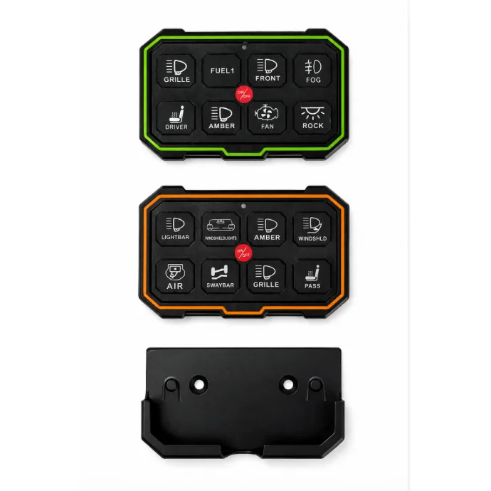 TC-SW8W switch panels in green and orange finish shown with the mounting cradle the remote panel lifts out of
