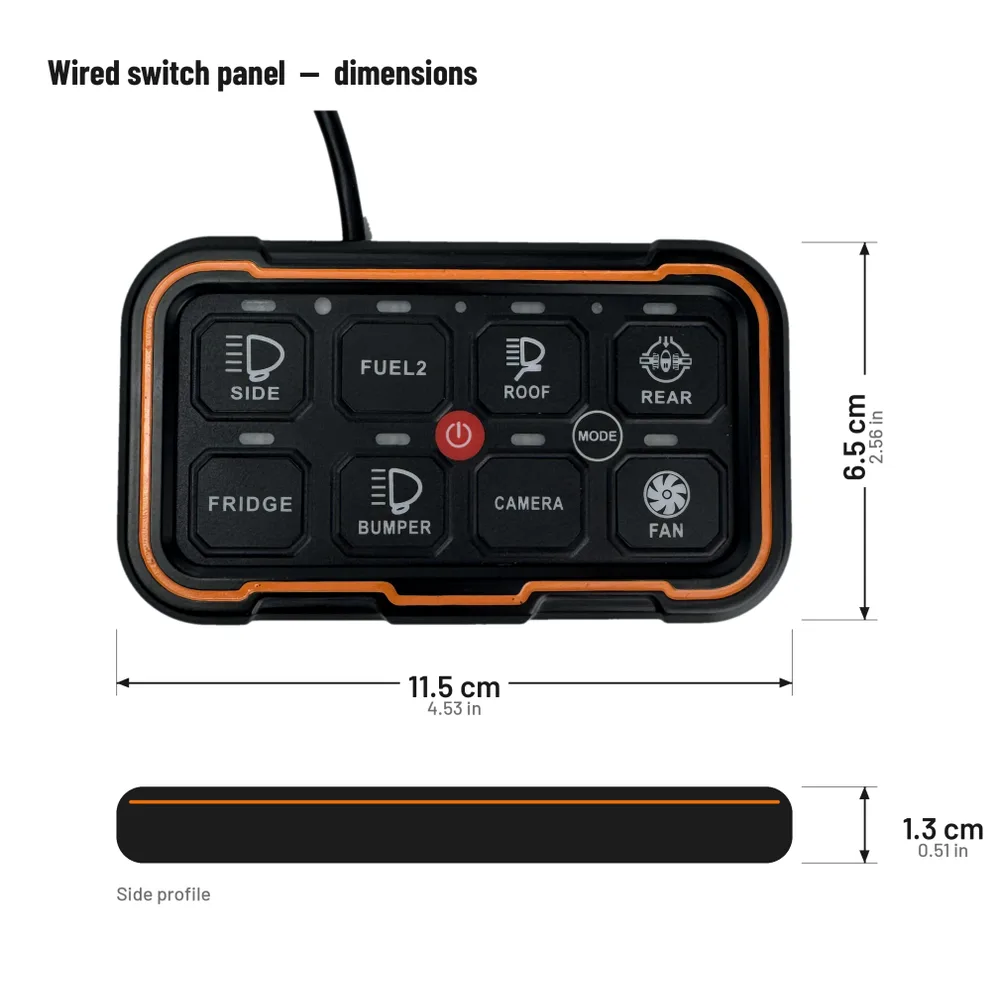 TC-SW8W wired switch panel dimensions — 11.5 cm wide, 6.5 cm high and 1.3 cm deep, front and side view
