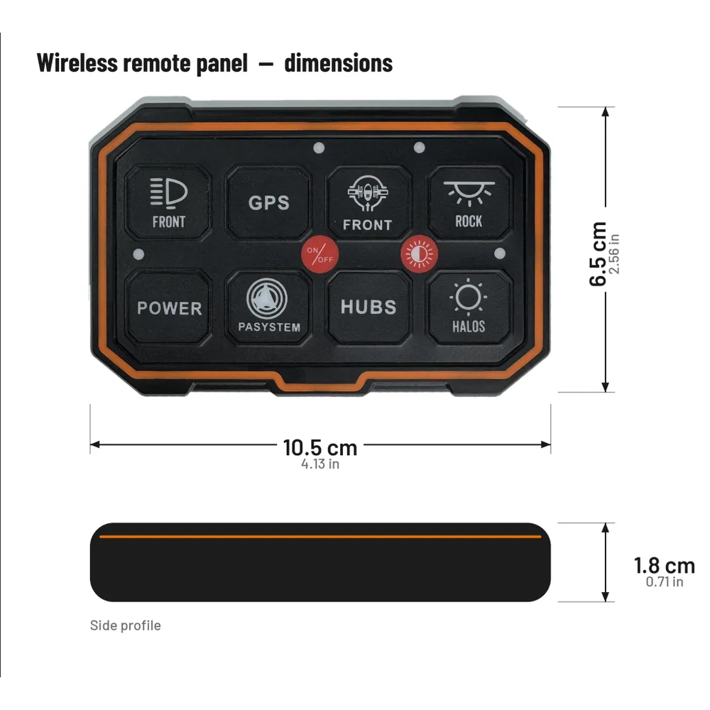 TC-SW8W wireless remote panel dimensions — 10.5 cm wide, 6.5 cm high and 1.8 cm deep, front and side view