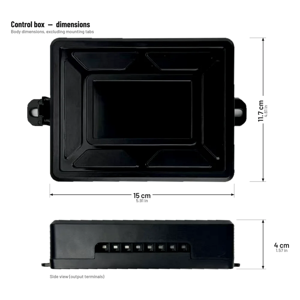 TC-SW8W control box dimensions — 15 cm wide, 11.7 cm high and 4 cm deep, body excluding the mounting tabs, with the output terminals in side view