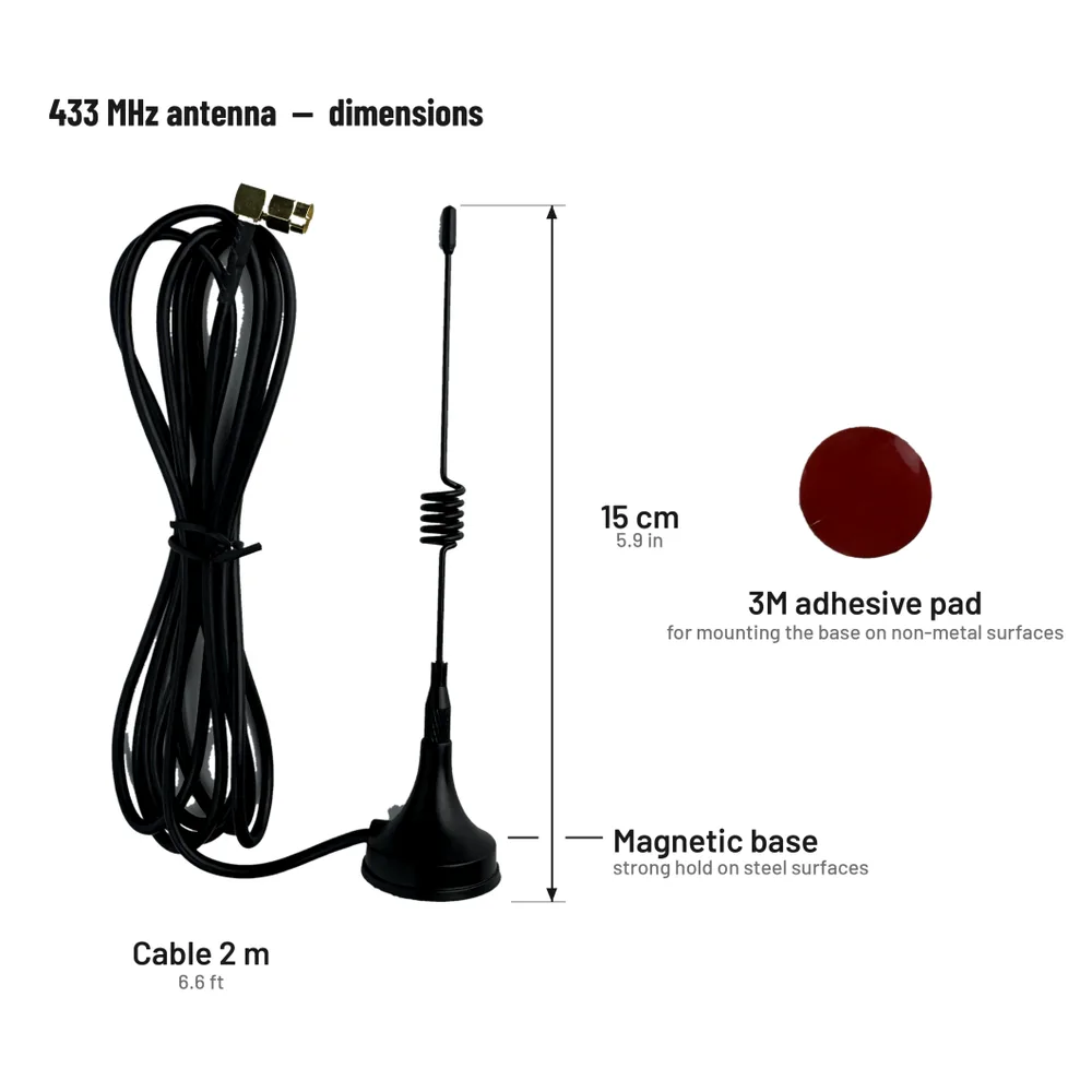 TC-SW8W 433 MHz antenna — 15 cm whip on a 2 m cable, with a magnetic base and a 3M adhesive pad for non-metal surfaces